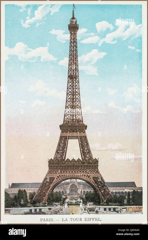 Paper Vintage French Postcard Water Fountain Eiffel Tower At Night In