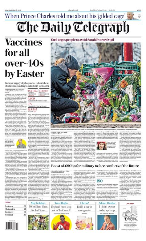 Daily Telegraph Front Page 13th Of March 2021 Tomorrows Papers Today