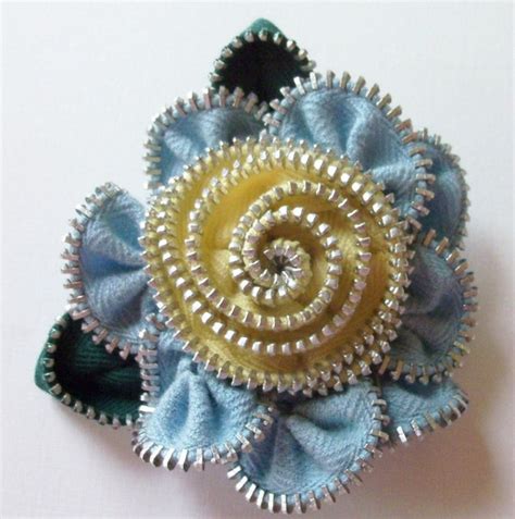 Items Similar To Blue And Yellow Floral Brooch Zipper Pin By