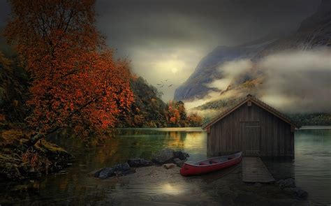 Nature Landscape Boathouses Trees Lake Birds Flying Clouds Mountains