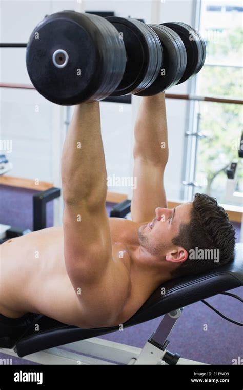 Shirtless Bodybuilder Lifting Heavy Dumbbells Lying On Bench Stock