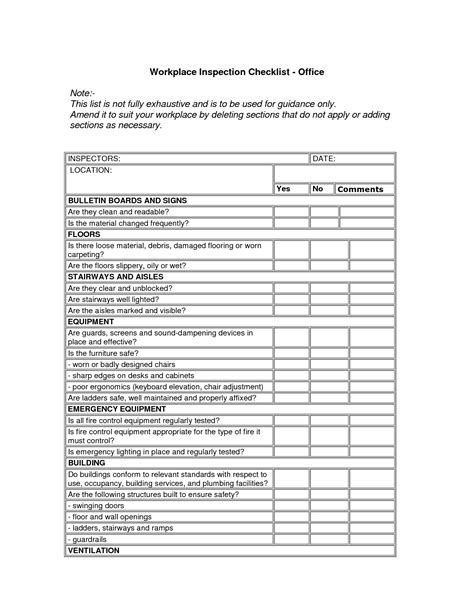 Printable Workplace Inspection Checklist