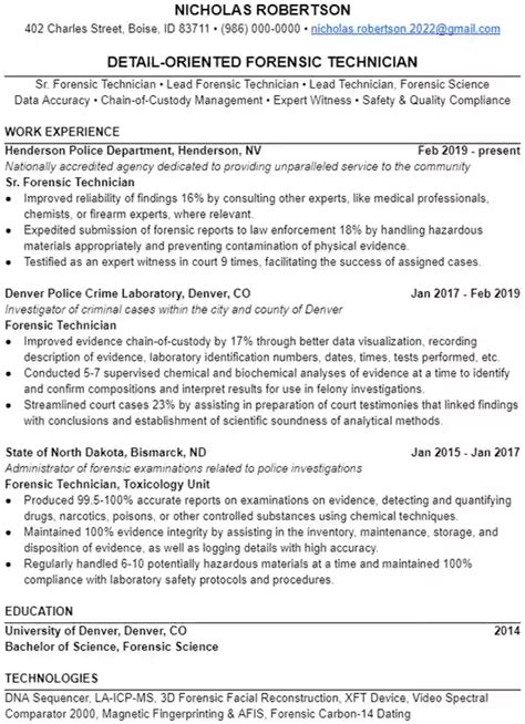 Forensic Technician Resume Example Leet Resumes