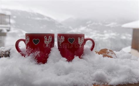 Two Red Mugs With Heart Shaped On The Snow Stock Photo Image Of