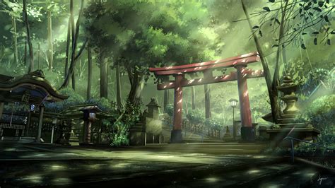 1920x1080 Anime Landscape Torii Sun Rays Forest Asian Architecture