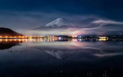 Wallpaper Fuji Mount At Night Lake Water Reflection Lights Japan