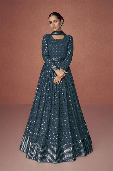 Blue Designer Threadsequance Embroidery Work Faux Georgette Unstitched Long Length Kameez Pant
