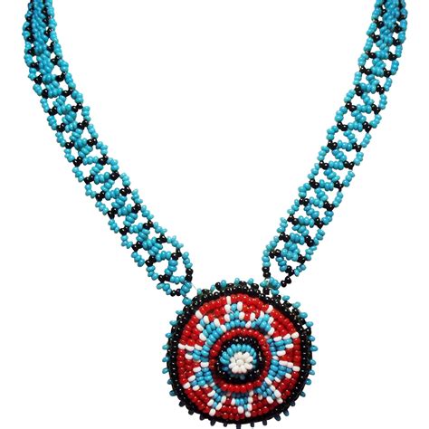 Vintage Native American Turquoise Glass Seed Bead Long Necklace Round