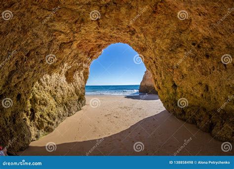 Famous Caves In A Beach Rock Formation In Algarve Portugal Stock