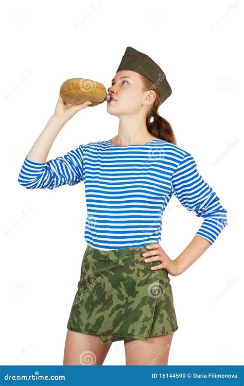 Army Girl Posing With Flagon Stock Photo Image Of Brunette White