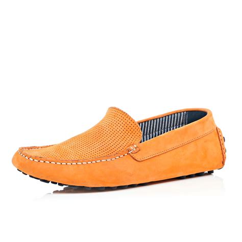 River Island Orange Perforated Suede Driving Shoes In Orange For Men Lyst