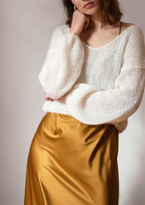 Knit Mohair Sweater Delicate Deep V Neck Pullover Loose Oversize Fit