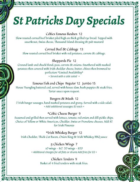 St Patrick S Day Special Food And Drink Menus
