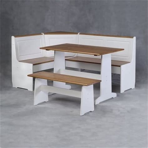 Pemberly Row Farmhouse Wood Breakfast Corner Nook Table Set In White 1