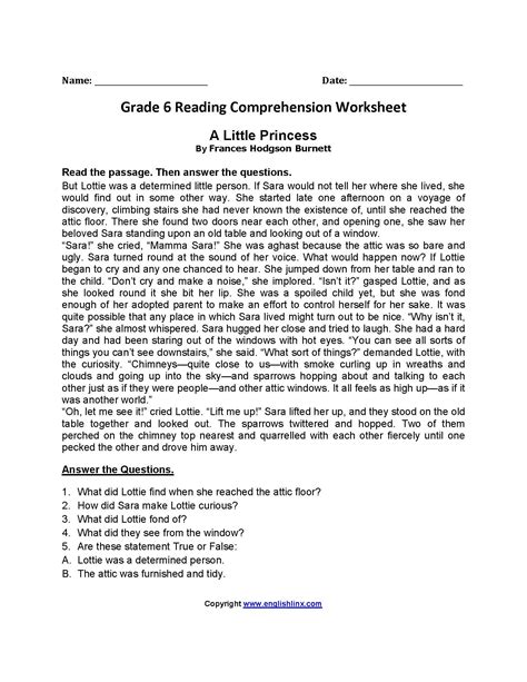 Comprehension Worksheet 6th Grade