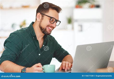 Happy Man Businessman Freelancer Student Working At Computer A Stock
