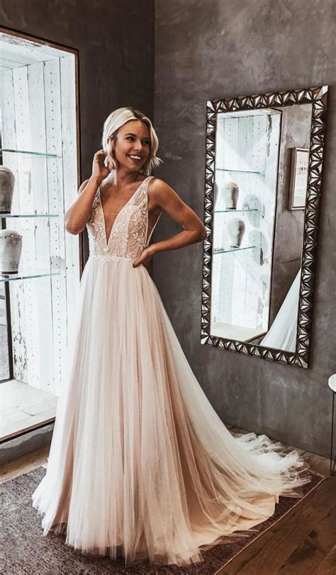 Light Champagne Lace And Tulle Boho Wedding Dress Daisystyledress