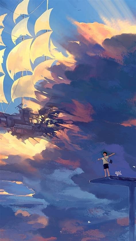 Wallpaper Hanyijie Sky Scenery Ship Anime Art Anime Landscape