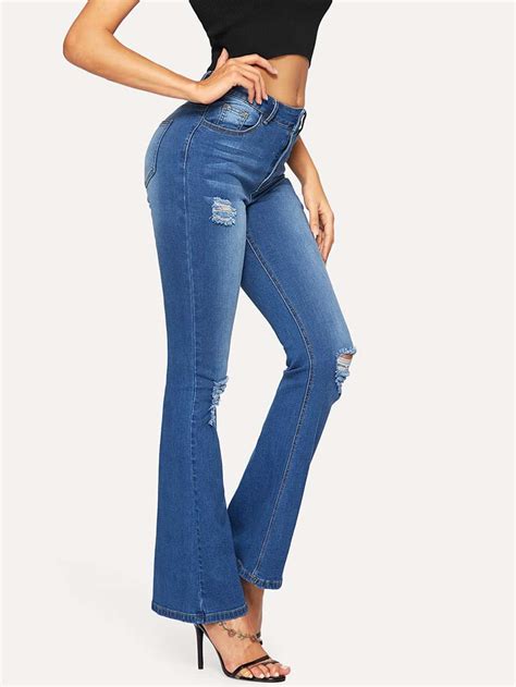 Wholesale Royal Blue Mid Waist Ripped Bootcut Jeans Vpa112832rb