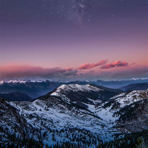 Download Wallpaper 3415x3415 Mountains Starry Sky Night Snow