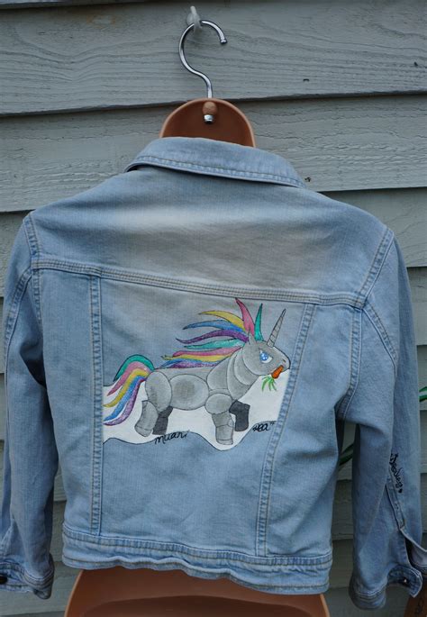 Hand Painted Robot Rainbow Unicorn Painted Jacket Cropped Denim