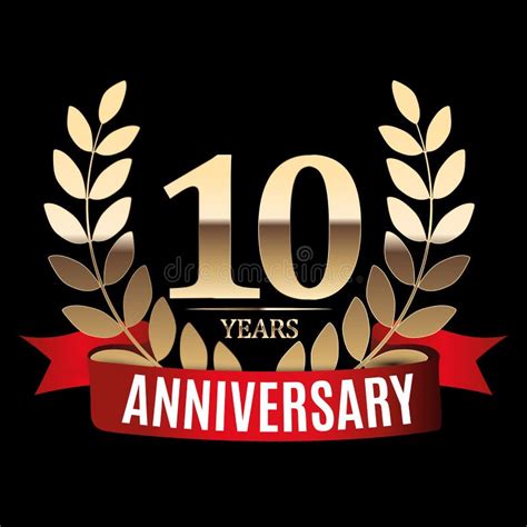 10 Years Anniversary Golden Template With Red Ribbon And Laurel Wreath