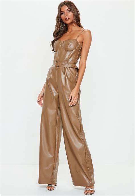 Brown Faux Leather Cupped Jumpsuit Кожа