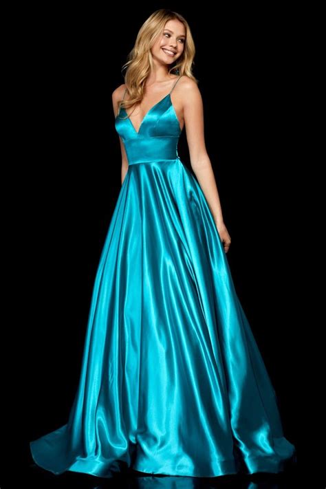 sherri hill 52195 v neck spaghetti straps a line satin dress turquoise prom dresses sherri