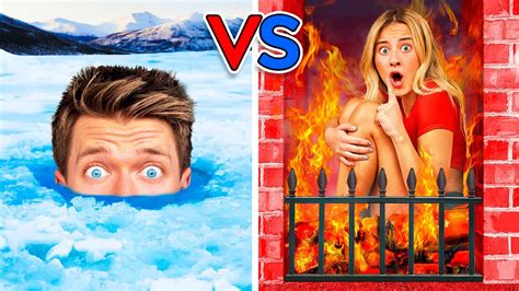 Extreme Hot Vs Cold Hide And Seek Challenge Last Girl To Survive Fire And Icy Pool For 24 Hours