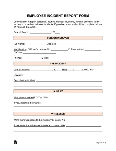 Free Employee Incident Report Template Pdf Word Eforms