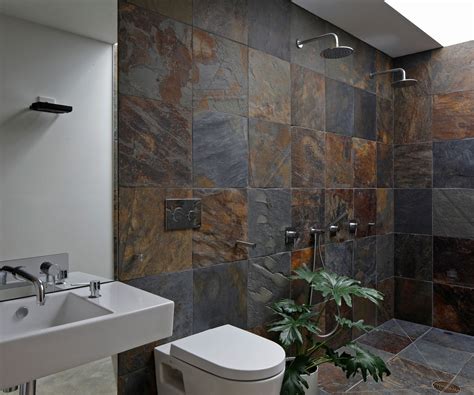 A similar look can be achieved with our thin brick tile in the ballard color mix. Slate tiles give this Cambridge bathroom a rustic ...