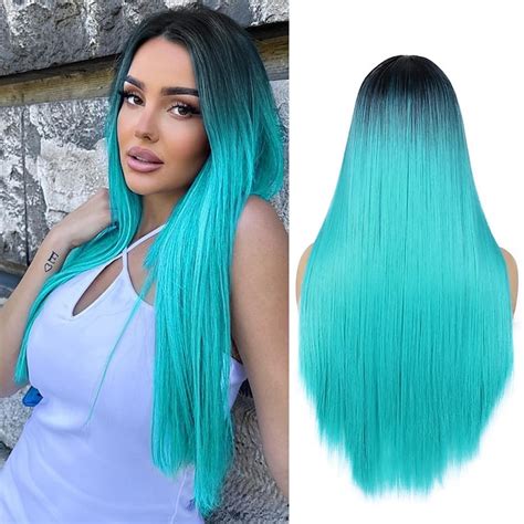 Straight Bluish Green Wig For Women Ombre Teal Blue Wigs Long Straight