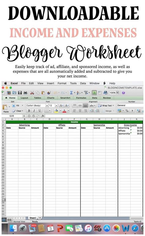 Downloadable Income And Expense Worksheet For Bloggers Whimsical