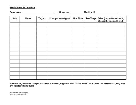 Room Temperature Log Sheet Template