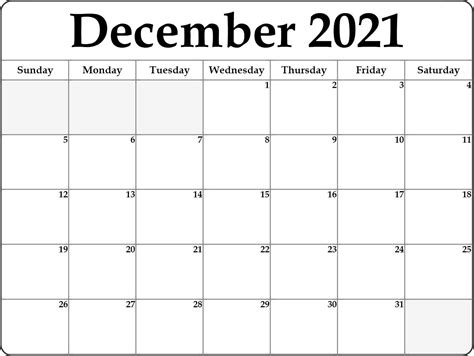 December 2021 Blank Calendar Monthly Template List Format Printable