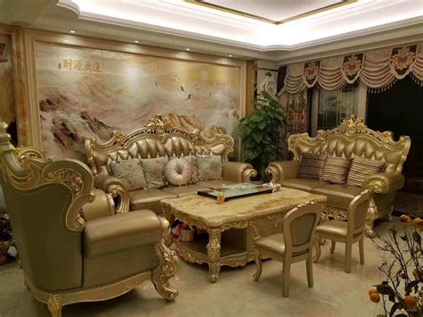 Golden Color Luxury Royal Furniture Sets Living Room Leather Sofa 028