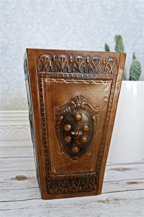 Vintage Tooled Leather Waste Basket Therapi