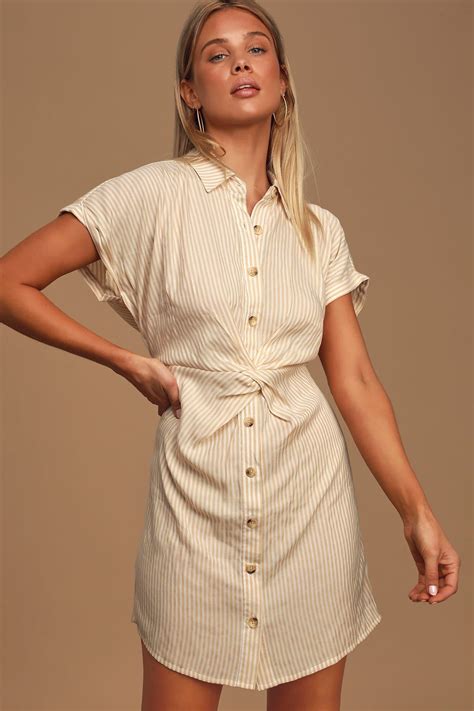 Casual Perfection Tan Striped Twist Front Shirt Dress Shirt Dress Twist Front Dress Chic Shirts