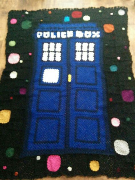 Crochet Tardis Blanket With Planets Background Patchwork Granny Squares