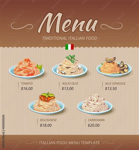 Pasta Restaurant Menu Italian Cook Tomato And Bolognese Alle Vongole Aglio Olio Illustration