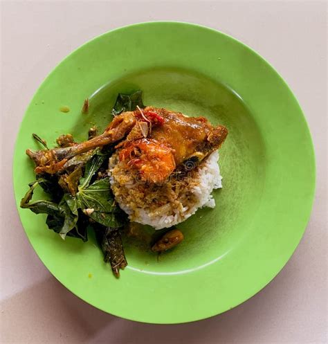Padang Food With Fried Chicken And Cassava Leaves Stock Photo Image