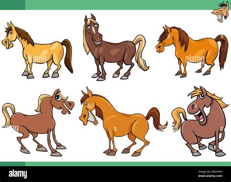 Cartoon Illustration Of Horses Farm Animals Comic Characters Set Stock