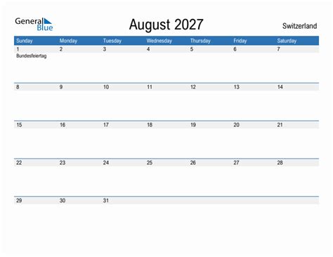 Editable August 2027 Calendar With Switzerland Holidays