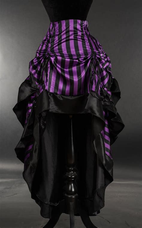 Satin Purple Black Stripe Ruffle Long Bustle 3 Layer Victorian Goth