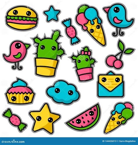 Set Of Cute Kawaii Stickers Stock Vector Illustration Of Card