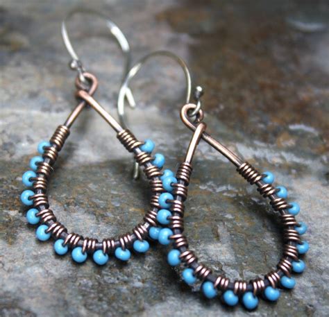Copper Teardrop Earrings Turquoise Oxidized Copper Seed Bead