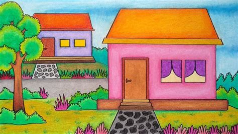 cara menggambar dan mewarnai pemandangan rumah menggambar rumah menggambar villa youtube