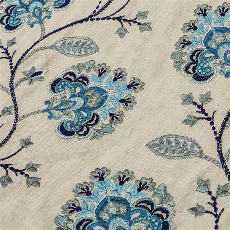 Blue Flowers Embroidered Fabric By The Yard Cotton Linen Etsy