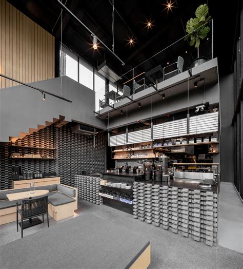 Industrial Style Black And Grey Cafe Interior Design With Brick Coffee