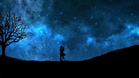 Download Star Silhouette Starry Sky Blue Sky Night Hug Romantic Couple